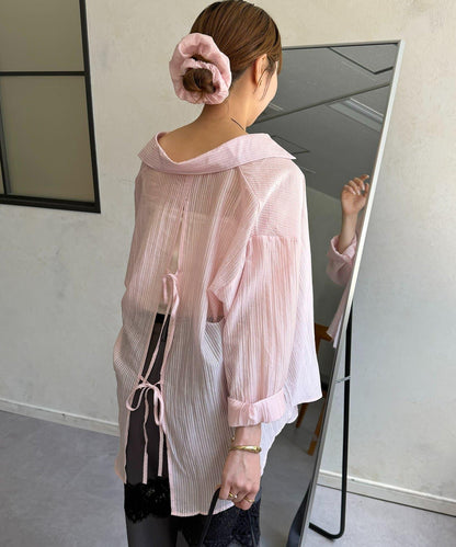 薄款條紋襯衫×髮圈套裝