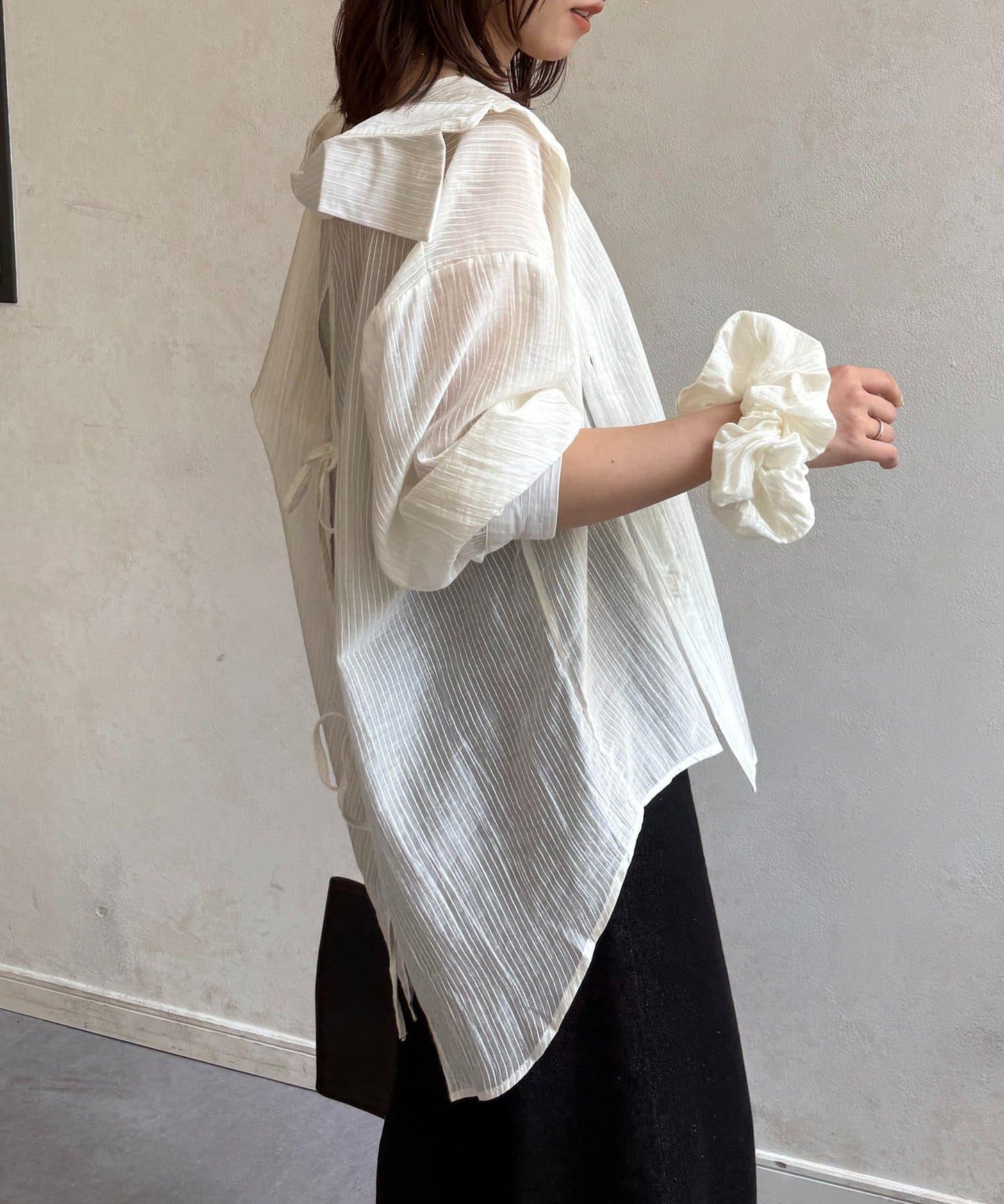 薄款條紋襯衫×髮圈套裝