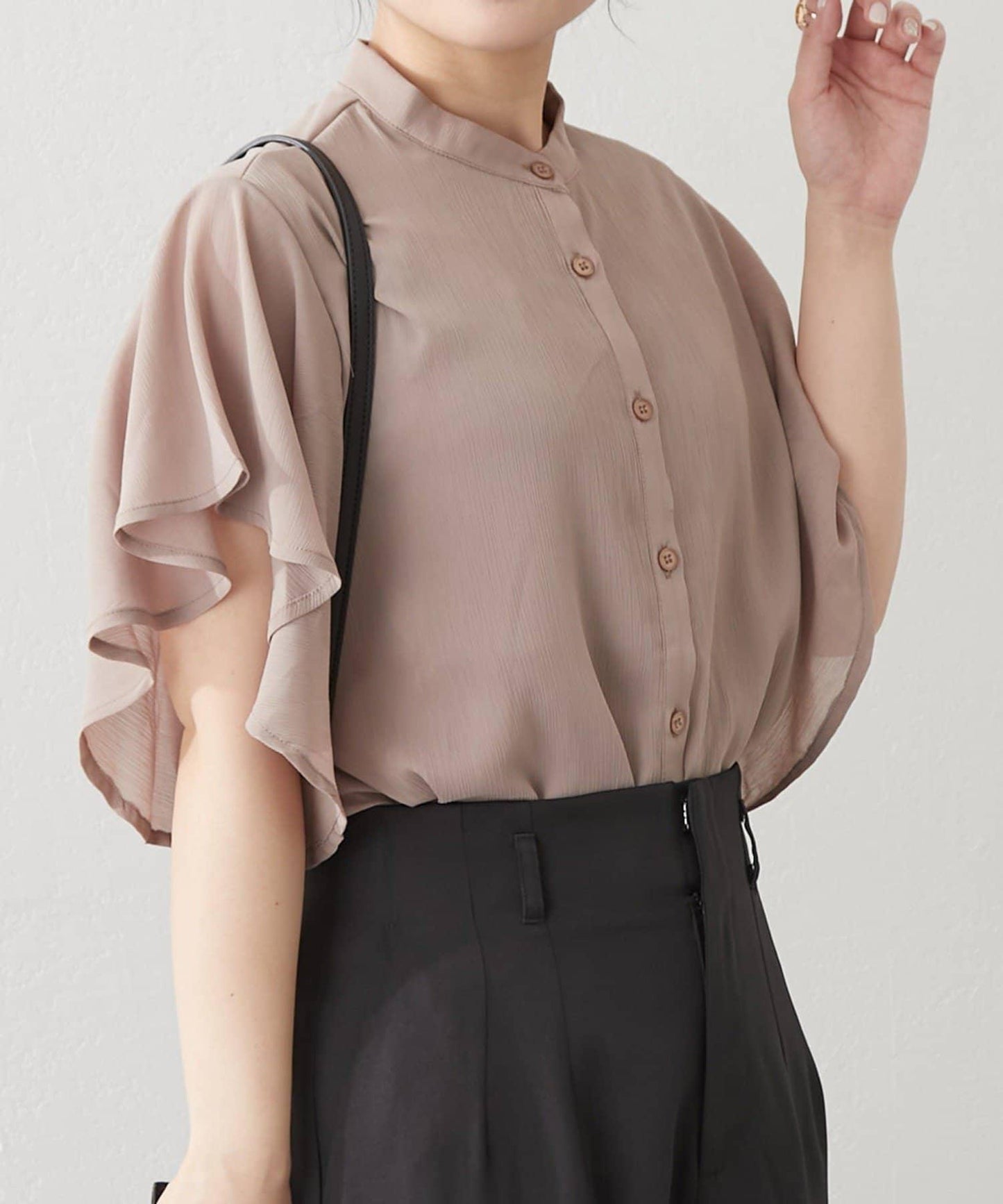 シフォン楊柳フレアバンドカラーシャツ