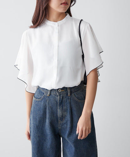 シフォン楊柳フレアバンドカラーシャツ