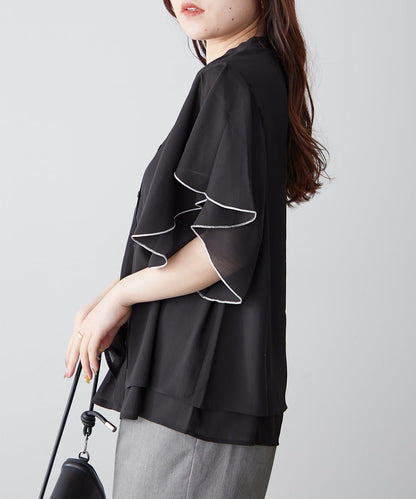 シフォン楊柳フレアバンドカラーシャツ