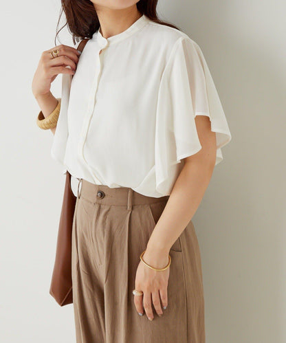 シフォン楊柳フレアバンドカラーシャツ