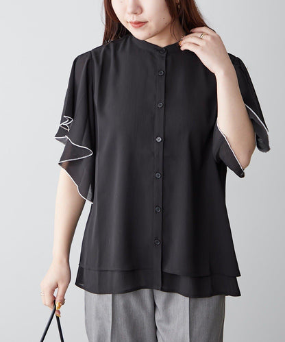 シフォン楊柳フレアバンドカラーシャツ