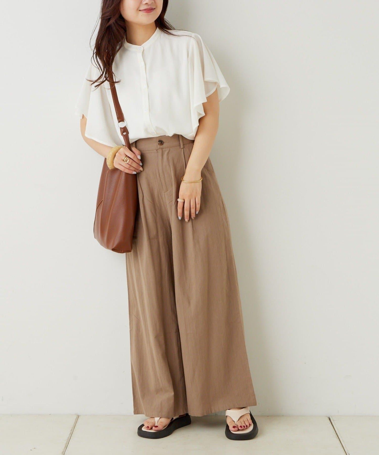 シフォン楊柳フレアバンドカラーシャツ