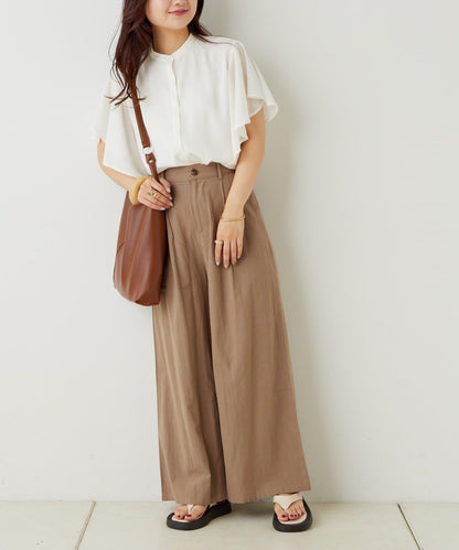 シフォン楊柳フレアバンドカラーシャツ