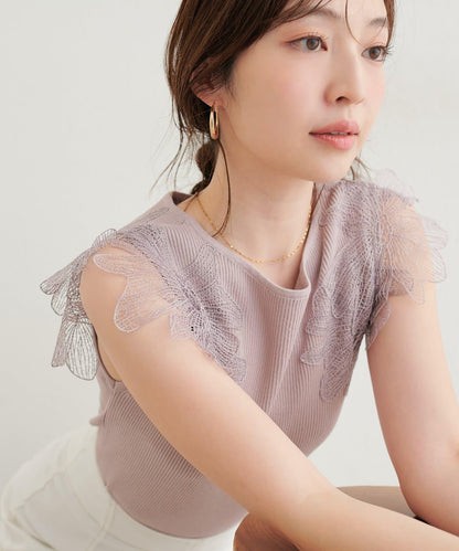 花朵蕾絲無袖針織衫