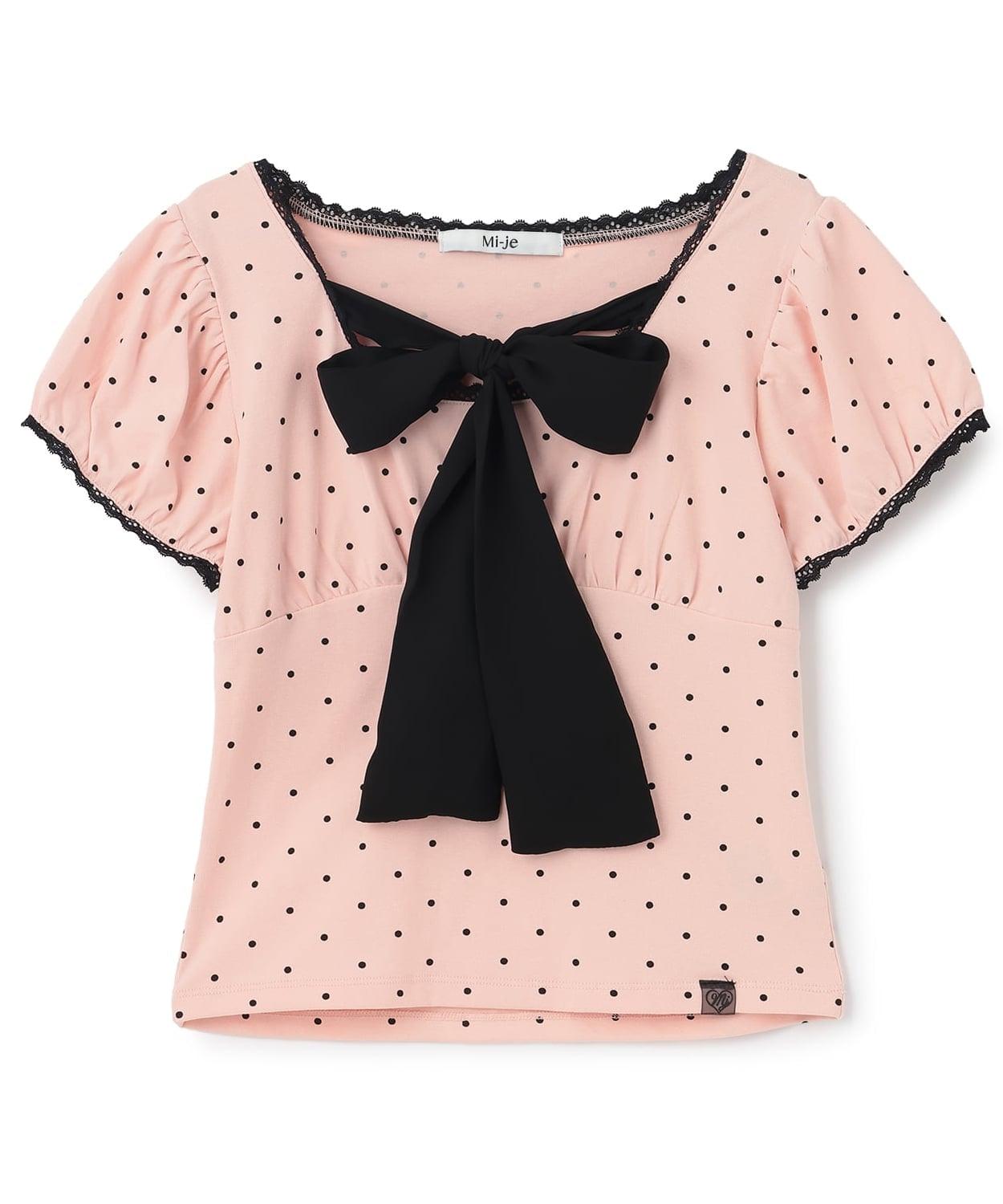 フロントリボンドット半袖Tシャツ
