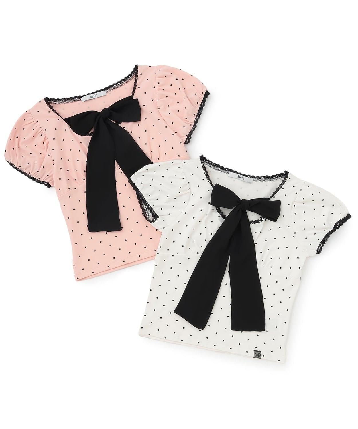フロントリボンドット半袖Tシャツ