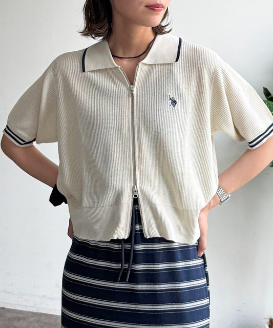 U.S. POLO ASSN. 翻領拉鍊短袖針織開衫