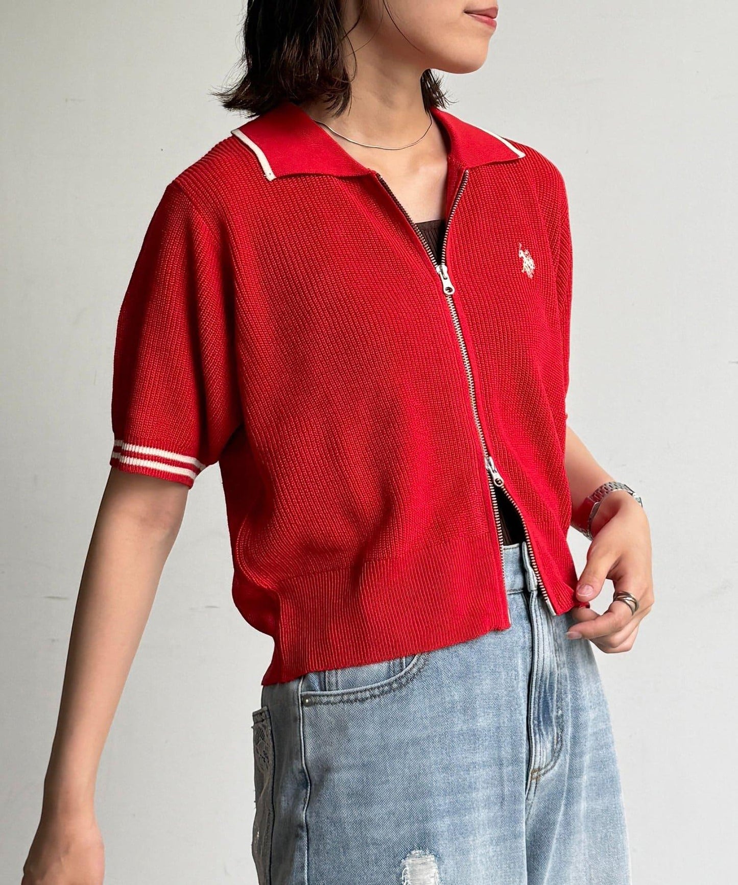 U.S. POLO ASSN. 翻領拉鍊短袖針織開衫