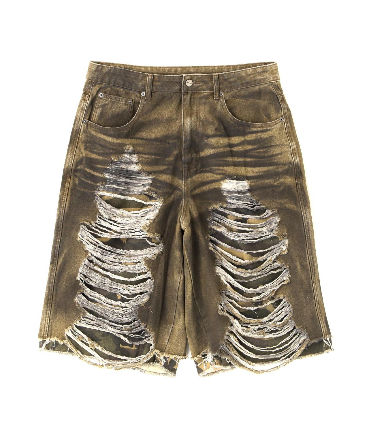 NOT4NERD Camo Layered Distressed Bermuda Denim Pants