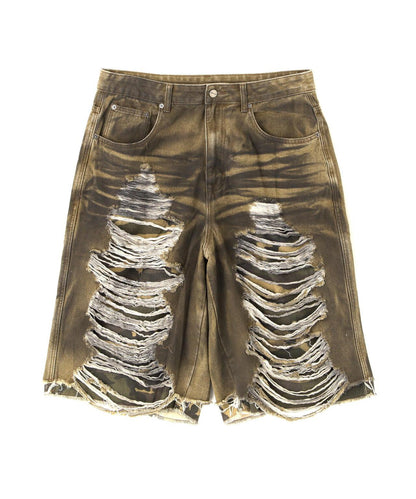 NOT4NERD Camo Layered Distressed Bermuda Denim Pants