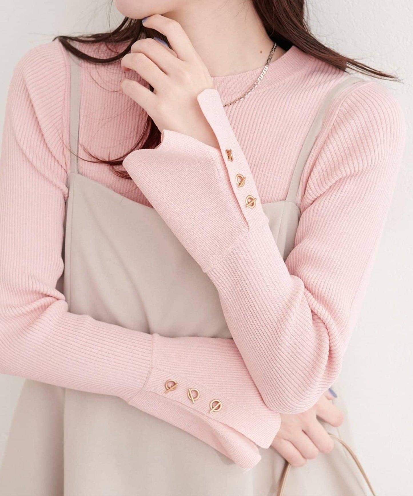 natural couture 袖口鉚釘釦圓領針織套頭衫