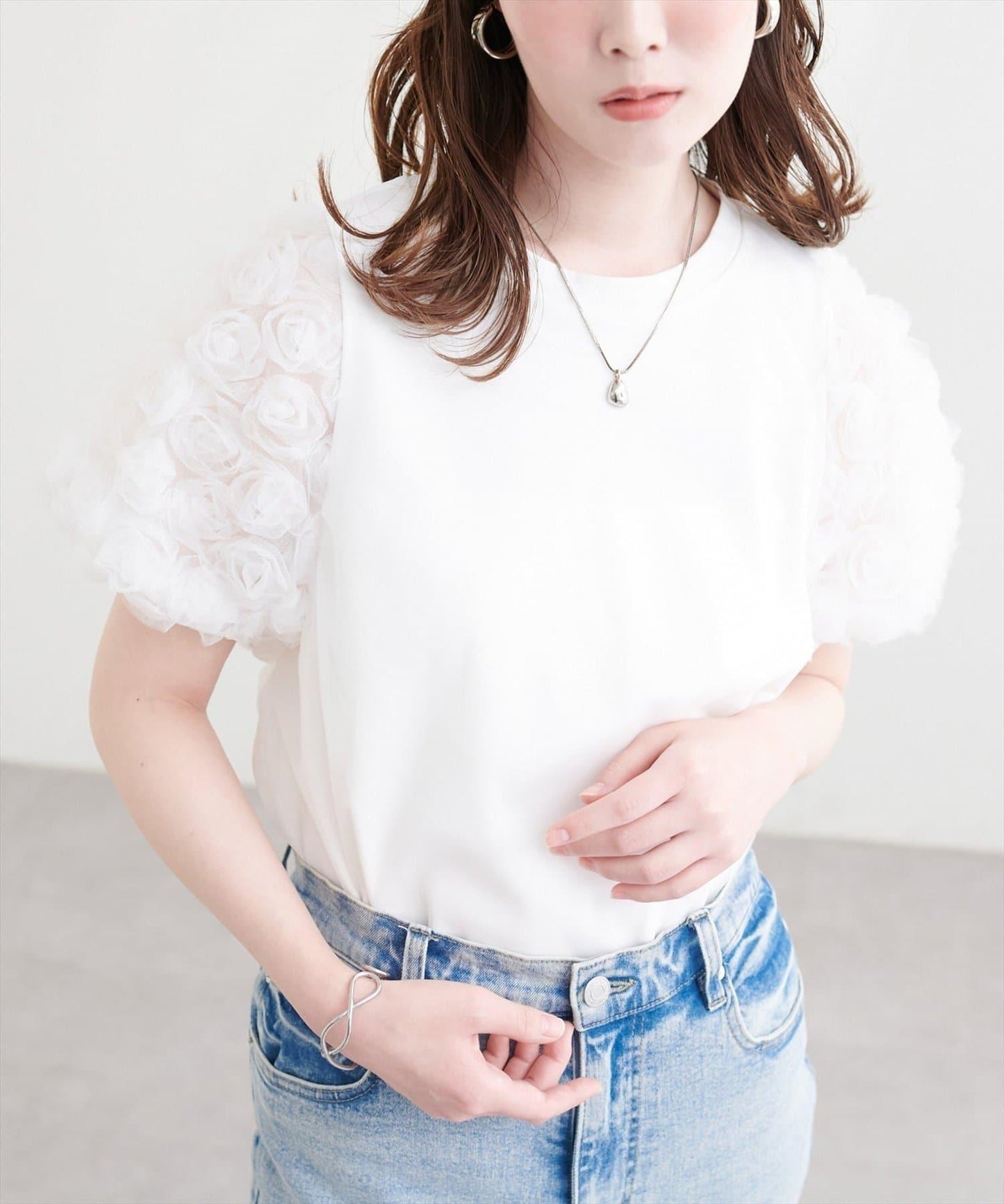 natural couture 花朵蕾絲泡泡袖T恤