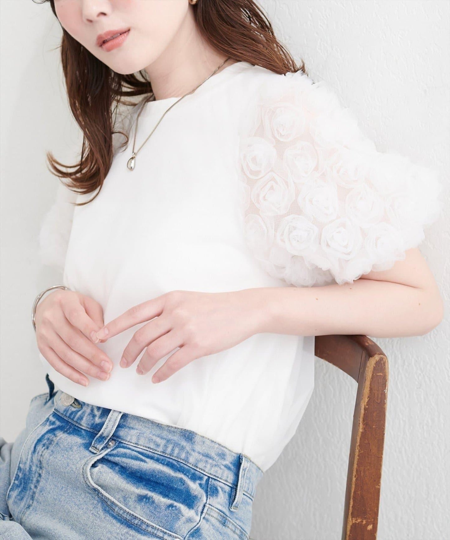 natural couture 花朵蕾絲泡泡袖T恤