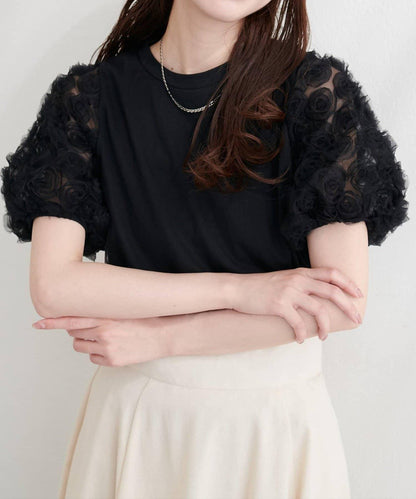 natural couture 花朵蕾絲泡泡袖T恤