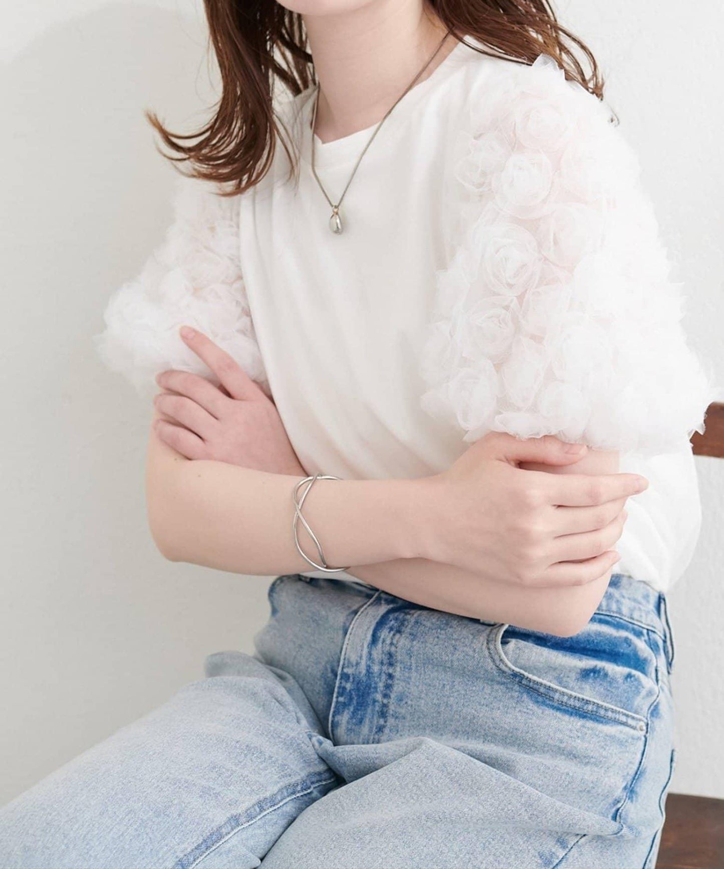 natural couture 花朵蕾絲泡泡袖T恤