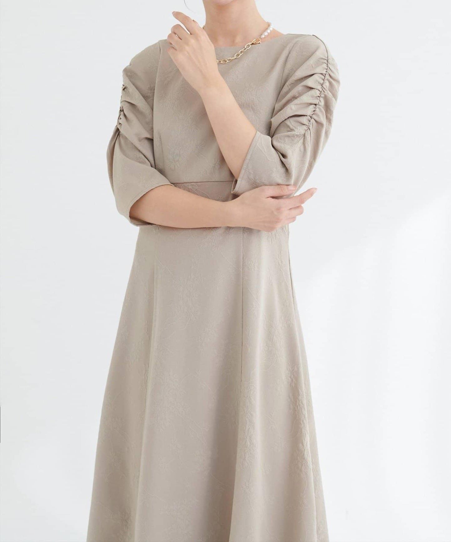 natural couture 花卉提花羊腿袖連衣裙