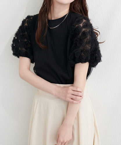 natural couture 花朵蕾絲泡泡袖T恤