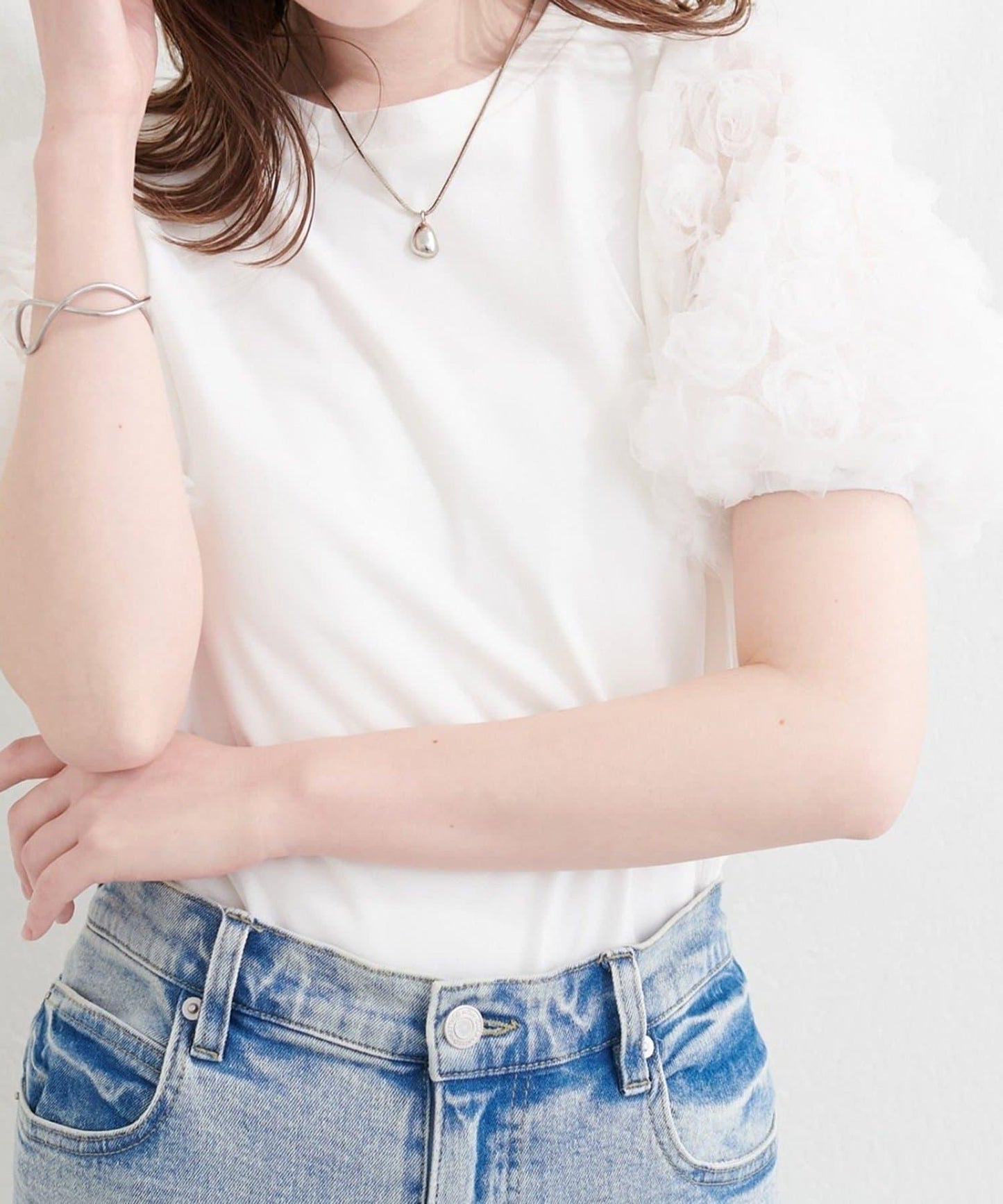 natural couture 花朵蕾絲泡泡袖T恤