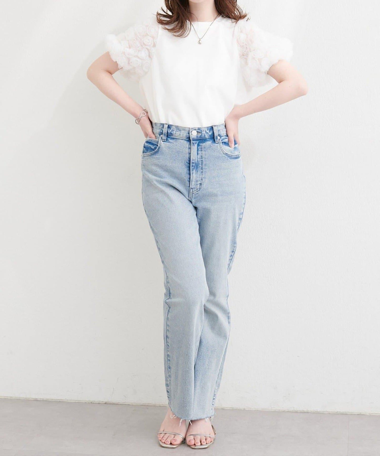 natural couture 花朵蕾絲泡泡袖T恤