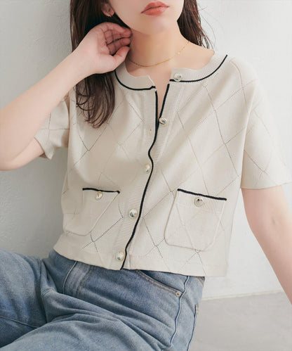 菱格鏤空撞色針織開衫