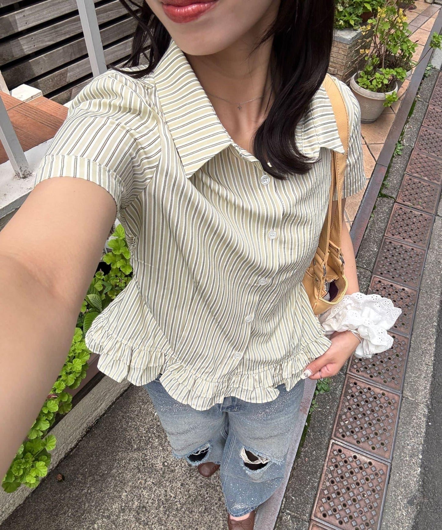 波點/條紋 荷葉邊下襬 短款襯衫