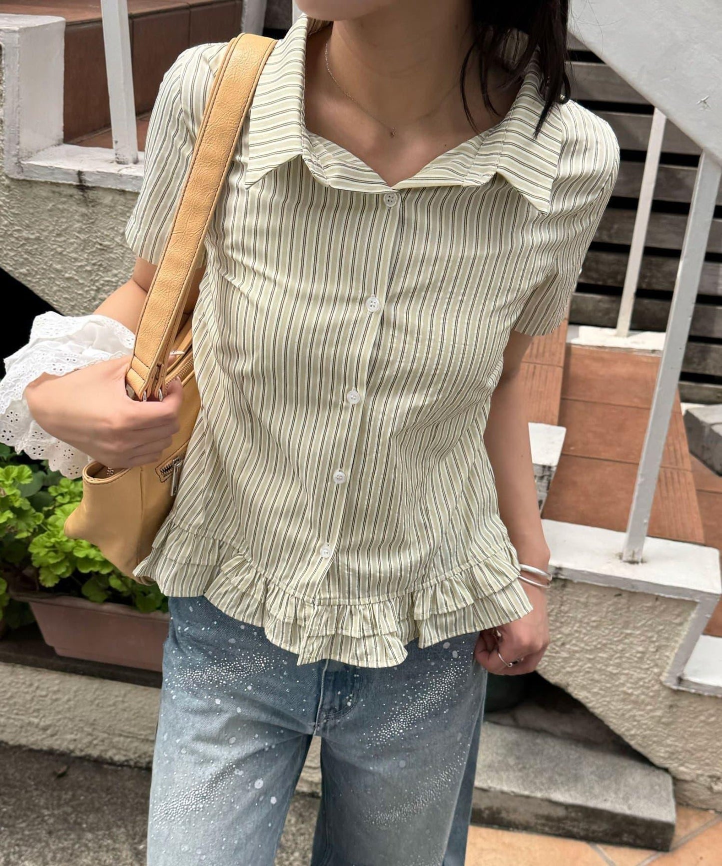 波點/條紋 荷葉邊下襬 短款襯衫