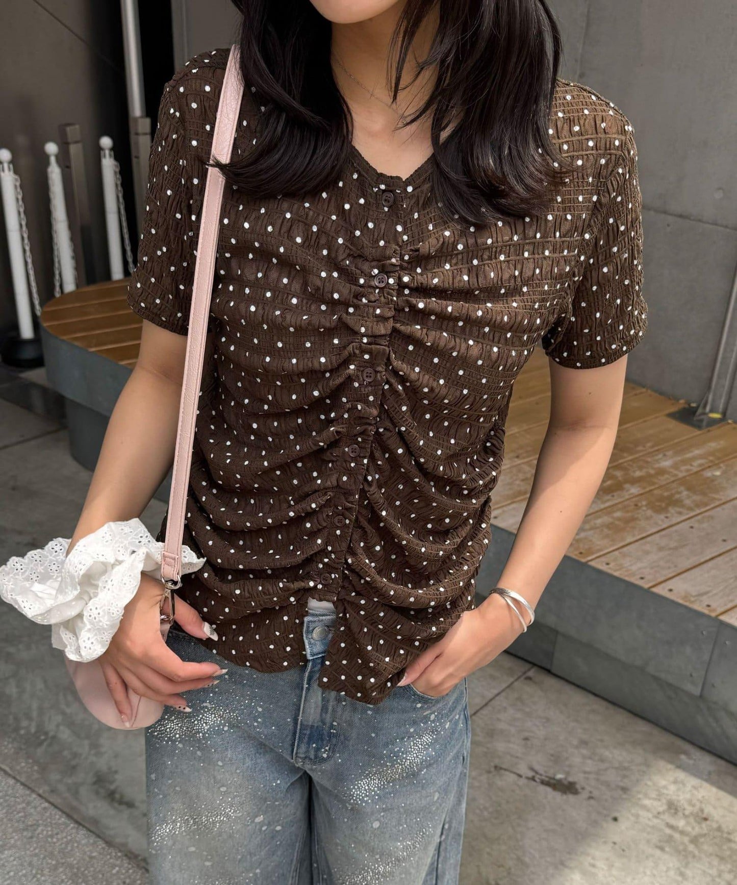 前幅褶皺波點上衣