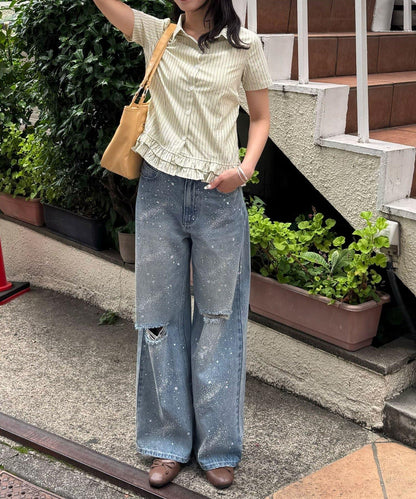 波點/條紋 荷葉邊下襬 短款襯衫