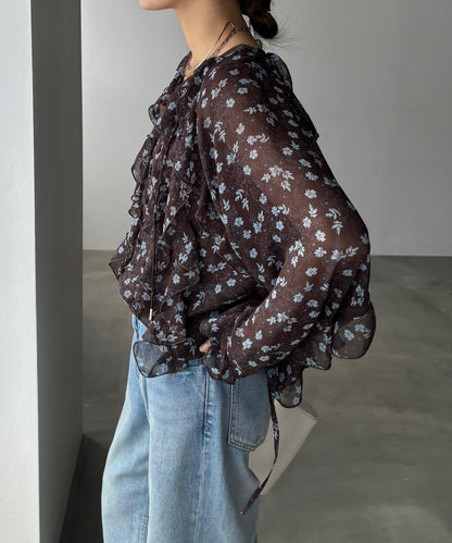 小碎花荷葉邊開衫襯衫