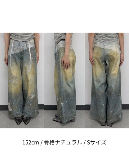 RAY CASSIN 蕾絲印花斜紋闊腿褲