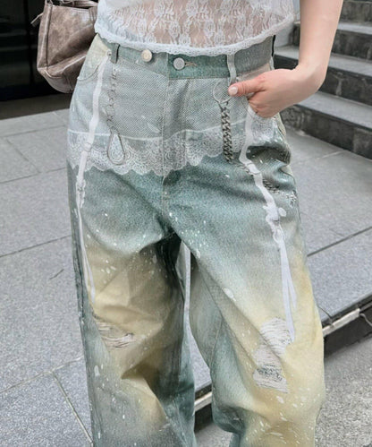 RAY CASSIN 蕾絲印花斜紋闊腿褲