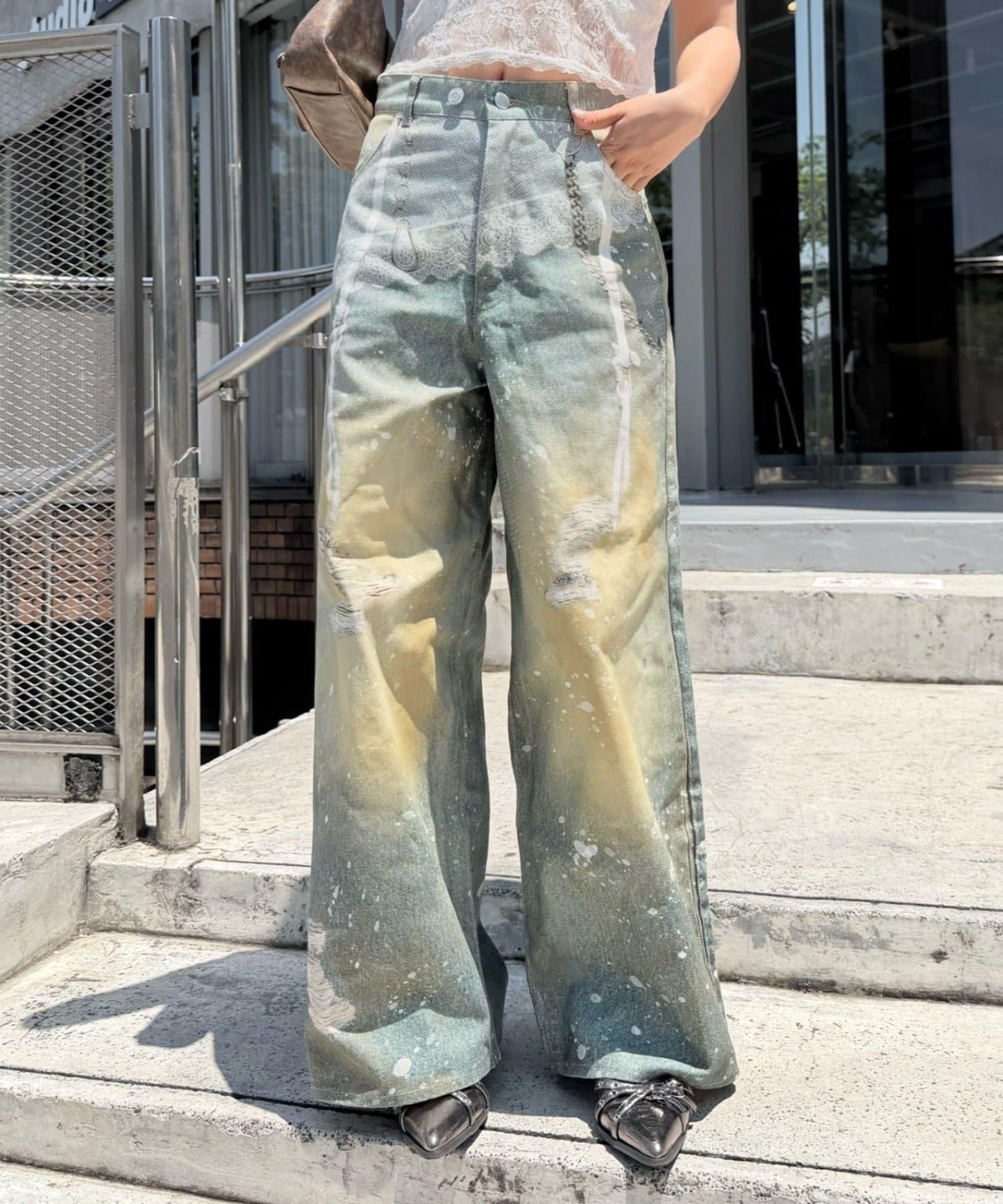 RAY CASSIN 蕾絲印花斜紋闊腿褲