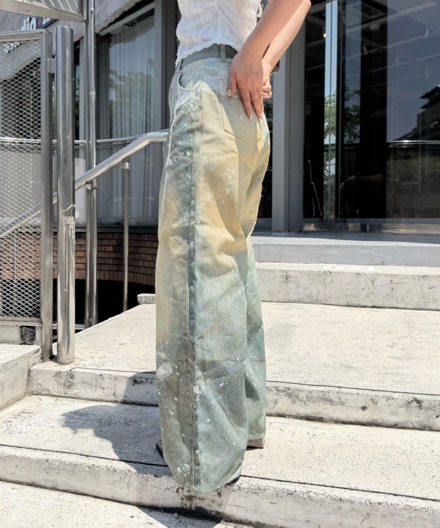 RAY CASSIN 蕾絲印花斜紋闊腿褲