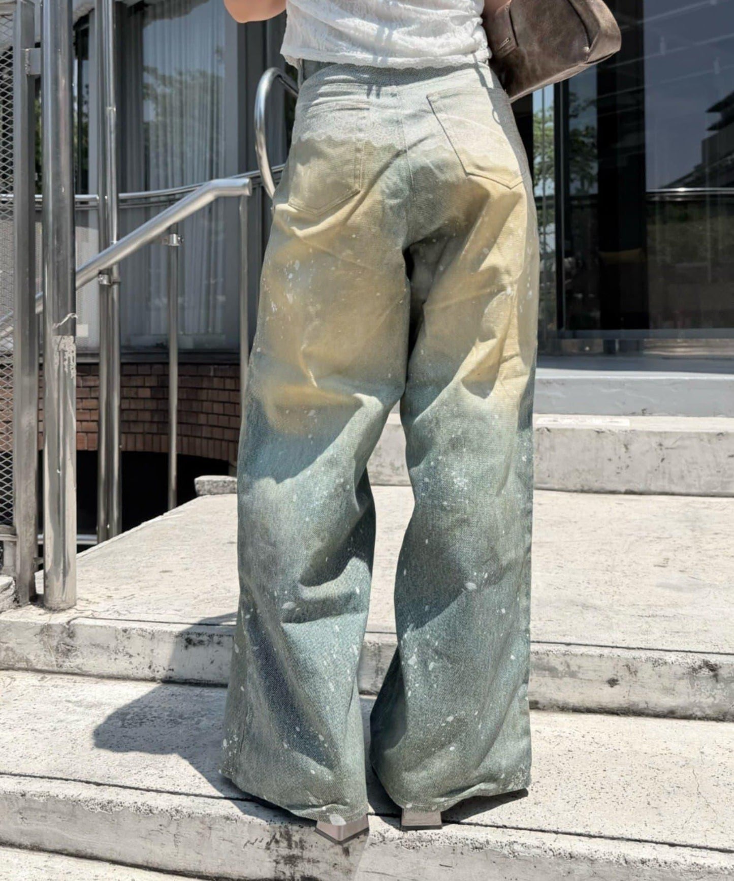 RAY CASSIN 蕾絲印花斜紋闊腿褲
