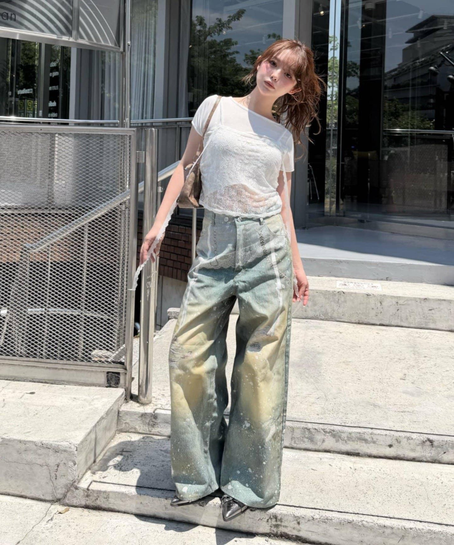 RAY CASSIN 蕾絲印花斜紋闊腿褲