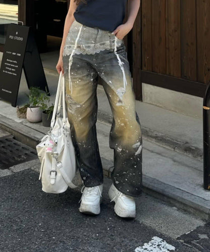 RAY CASSIN 蕾絲印花斜紋闊腿褲