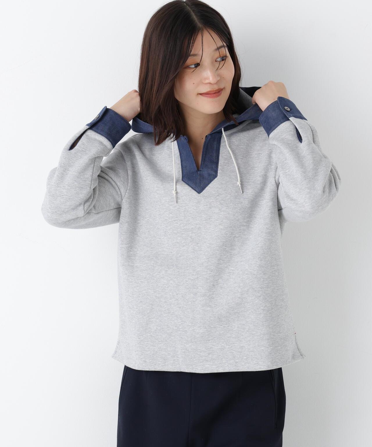 牛仔拼接連帽套頭衫