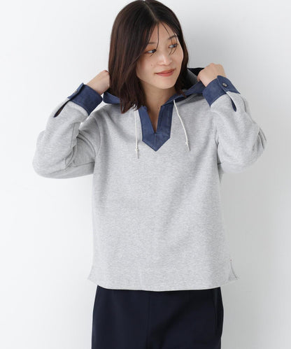 牛仔拼接連帽套頭衫