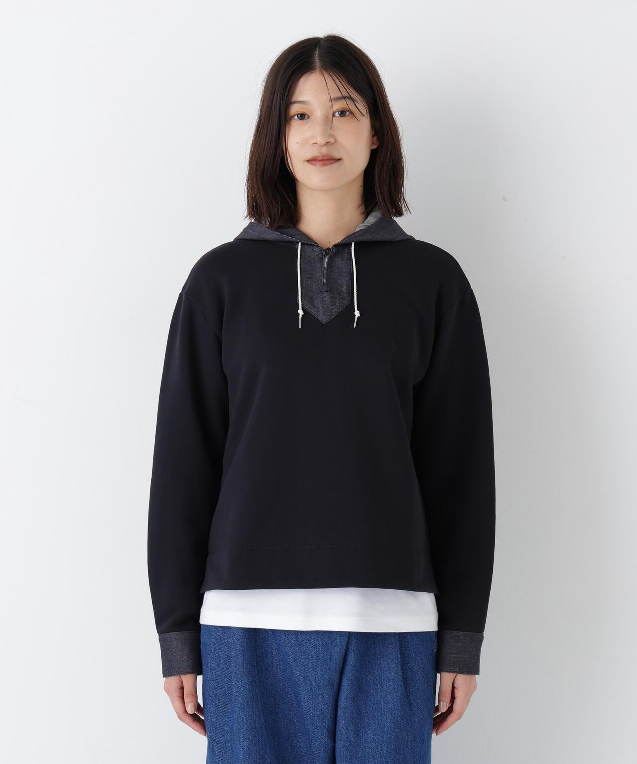 牛仔拼接連帽套頭衫