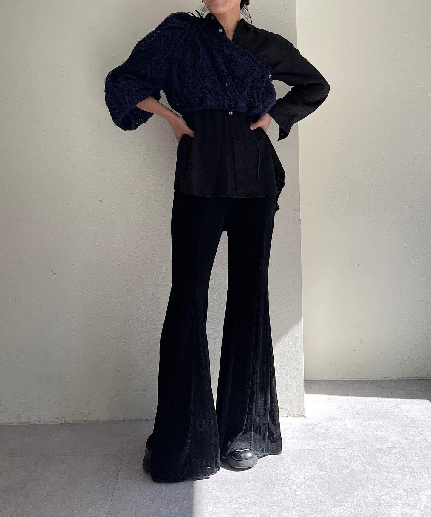 黑色 Sheer rib flared leggings