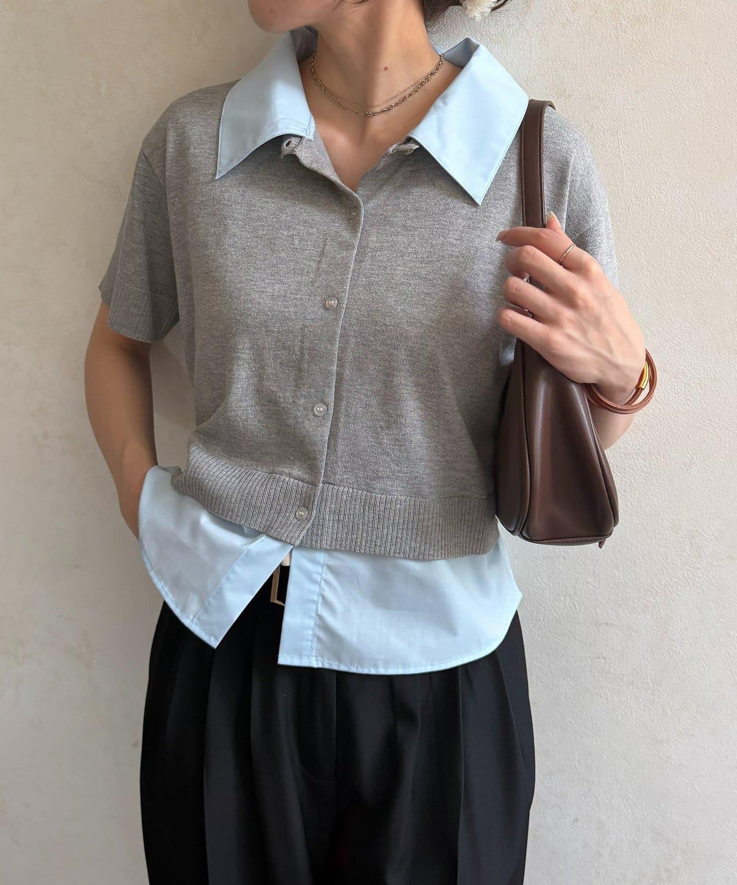 襯衫拼接短袖針織套頭衫