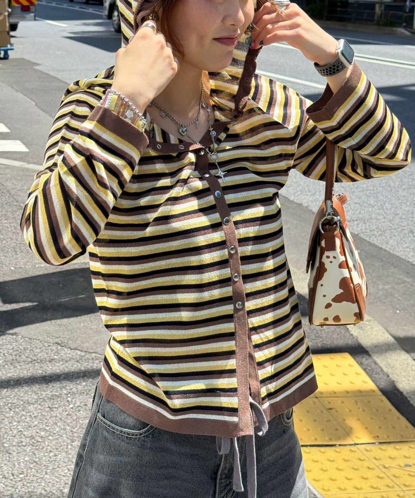 多色條紋透視針織連帽衫
