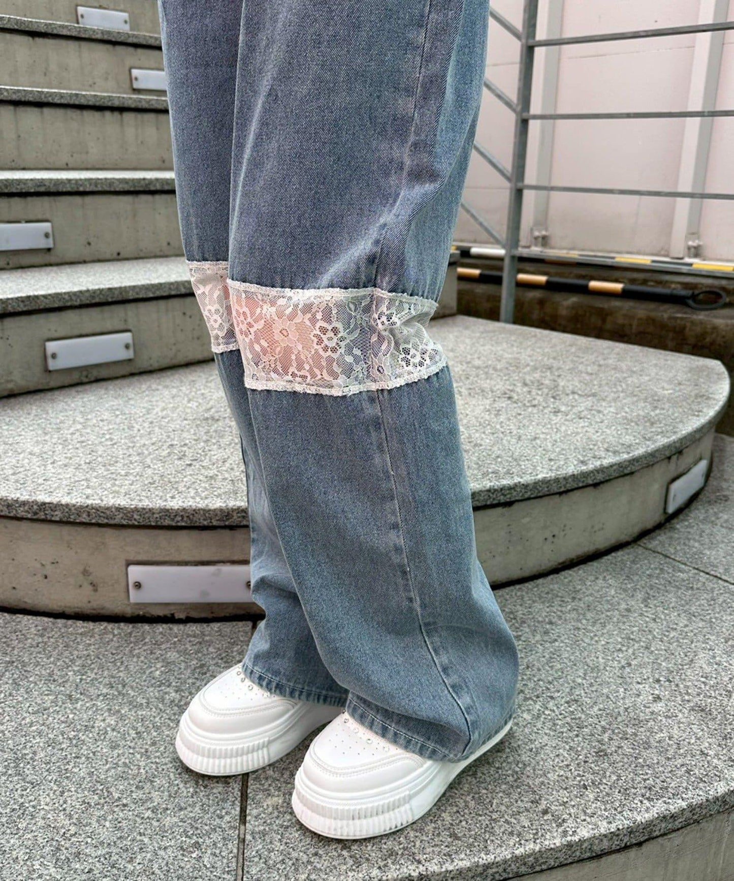 continuer 拼色直筒牛仔褲