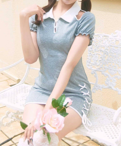 Belle Charme 蕾絲繫帶Polo領連衣裙