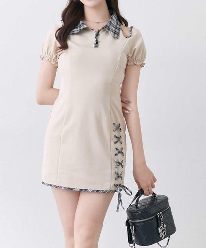 Belle Charme 蕾絲繫帶Polo領連衣裙