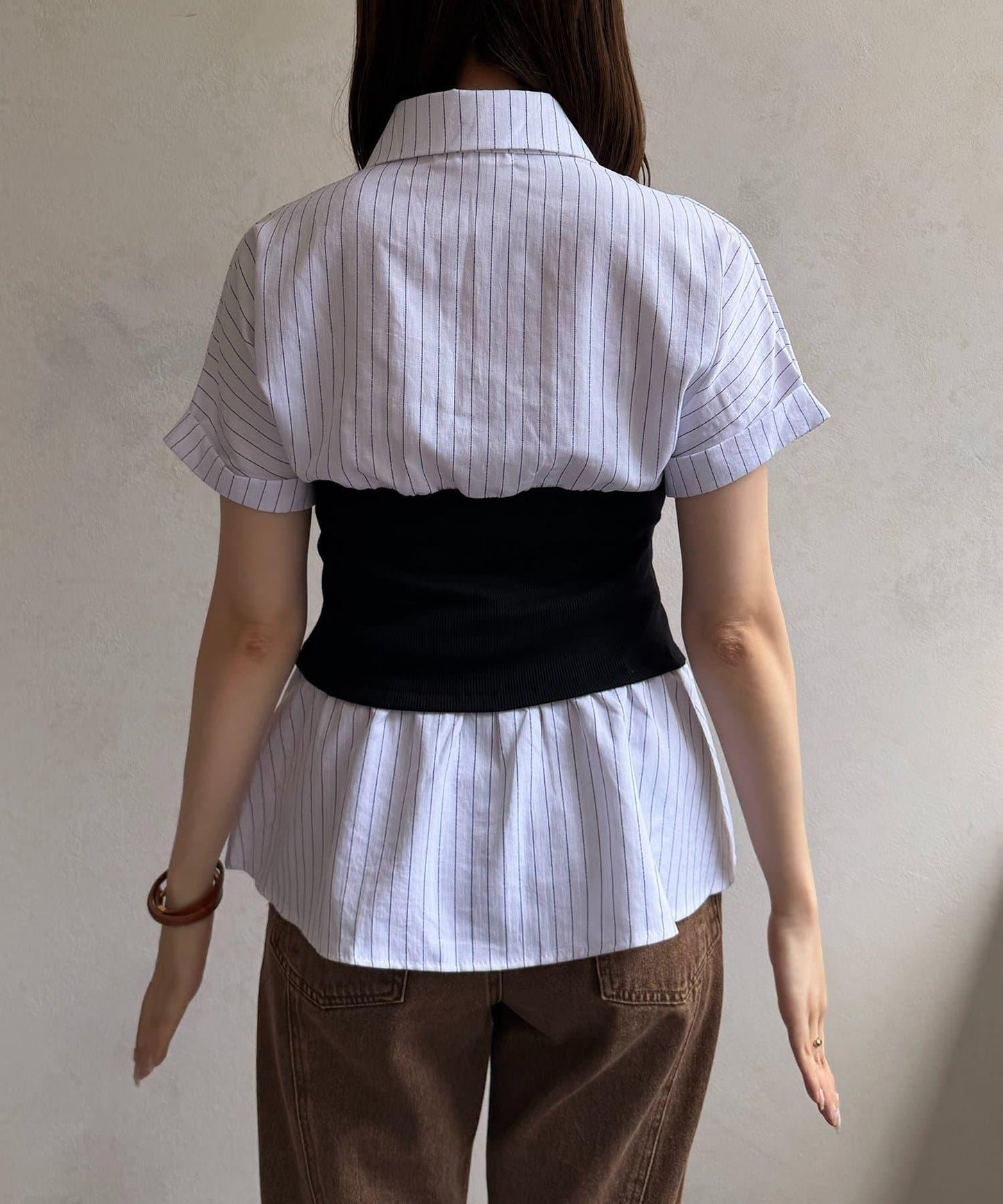 拼接抹胸條紋短袖襯衫
