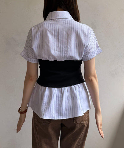 拼接抹胸條紋短袖襯衫