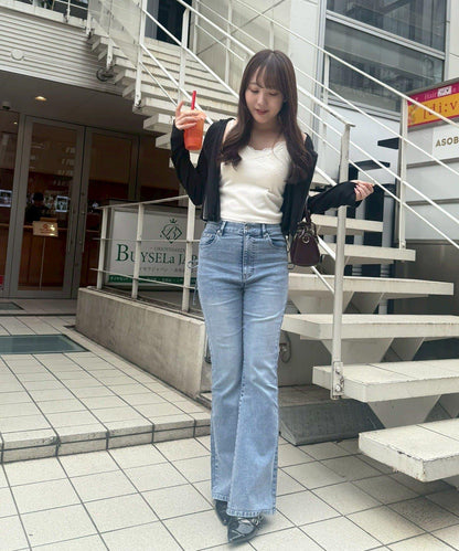 SM展開 蕾絲綁帶蝴蝶結口袋 半喇叭牛仔褲